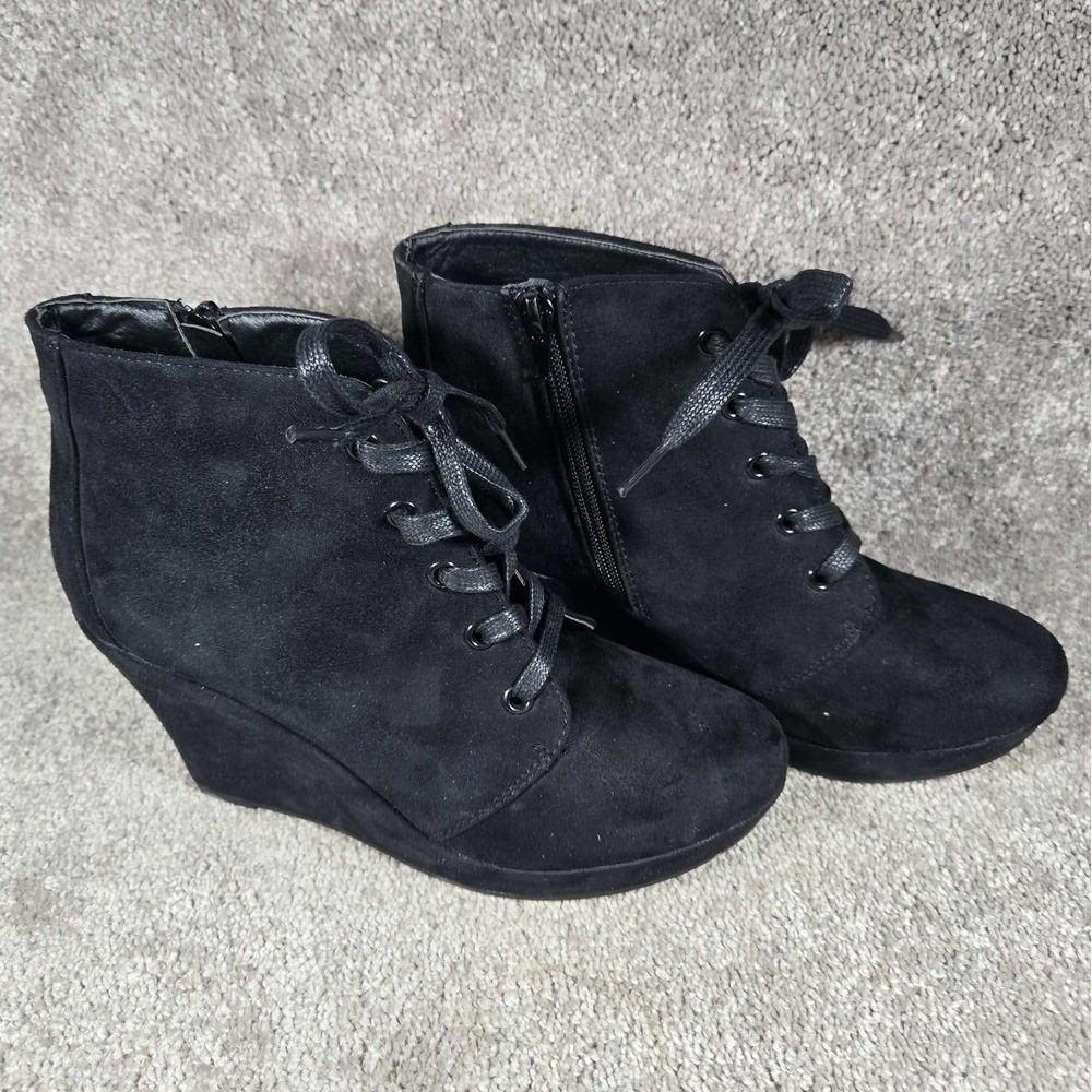 Rampage Serenity Wedge Ankle Boots Black Faux Suede Lace Up Womens 7.5 M